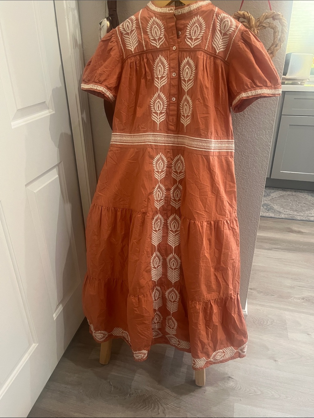 Boheme Rust  Maxi Dress with White Embroidery New without tags